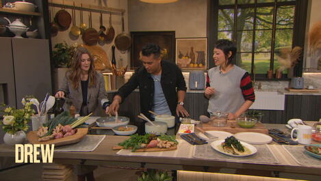 Chef Jordan Andino Shows Drew How to Make a Healthy Sole with Jasmine Rice Cakes Dish 