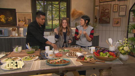 Pilar Valdes Shows Drew and Chef Jordan Andino How to Make Her Grilled Eggplant Salad