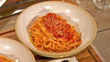 Chef Pilar Valdes and Drew Cook Delicious Amatriciana Pasta by Marcella Hazan | Drew's Cookbook Club